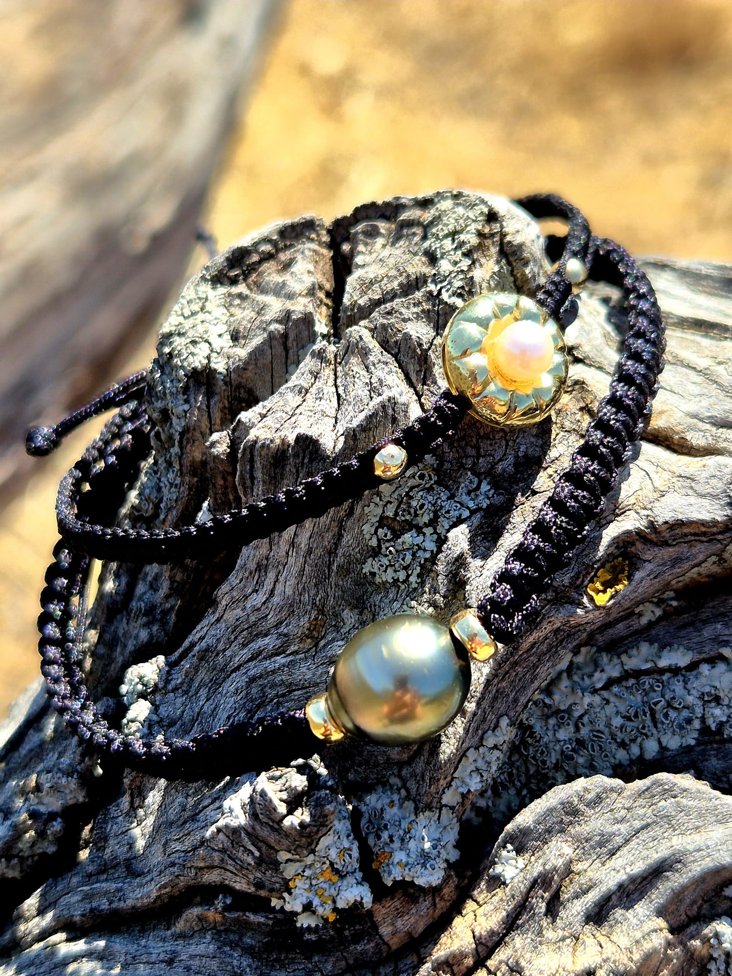 Makramee-Armband mit Akoya- und Tahiti-Perle, 585 Gelbgold